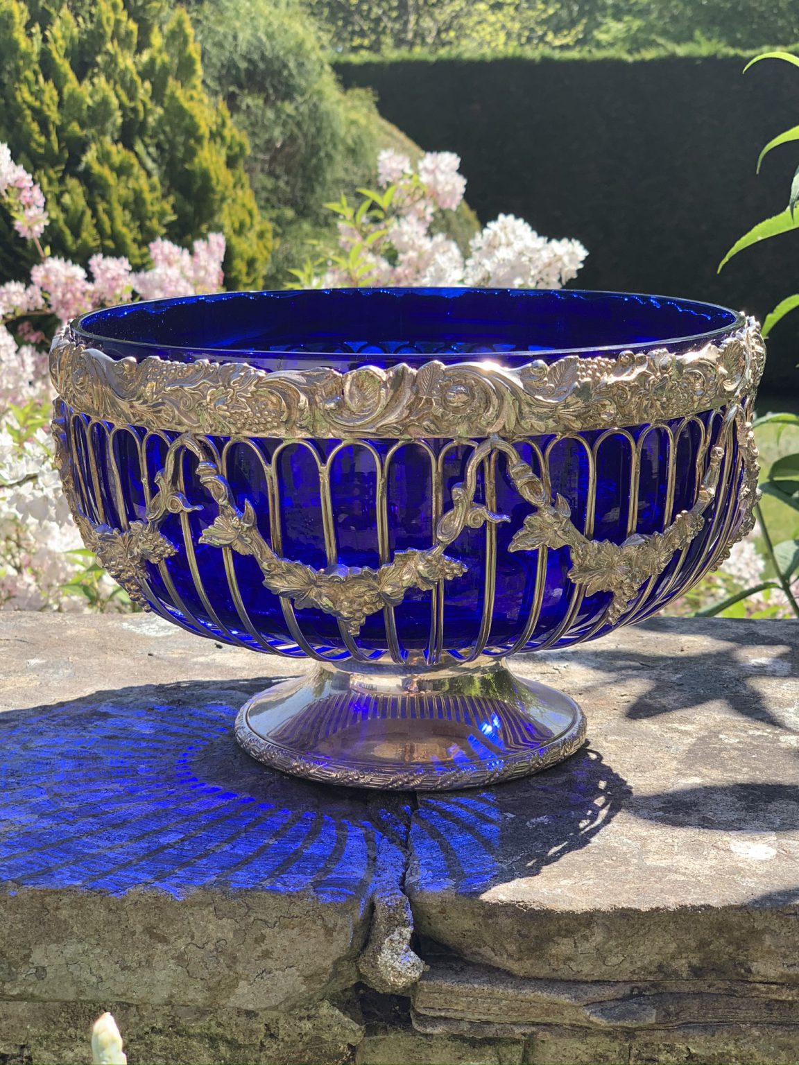 Large Silver Plated Glass Pedestal/Punch Bowl with Blue Liner – La